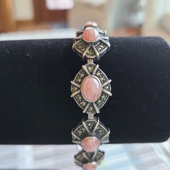 Vintage Sterling Silver Marcasite & Rhodochrosite Cabochons Pink Stone Bracelet - Picture 5 of 10